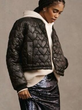 Maeve Quilted Heart Cropped Bomber Jacket Size M Black